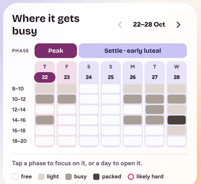 Maeve’s Plan: a week of busy hours, coloured by phase