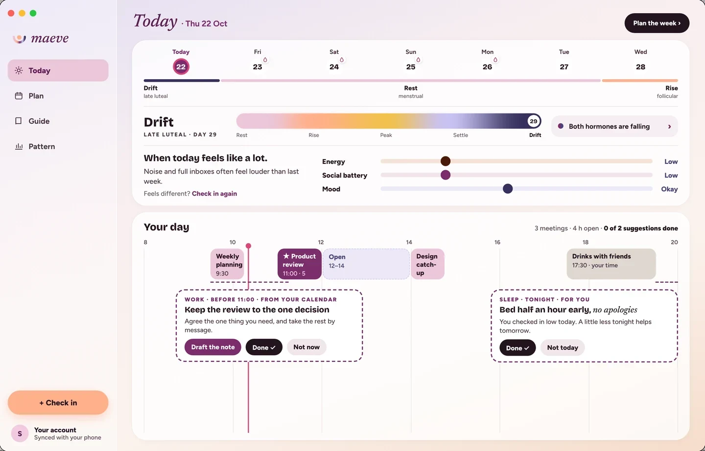 Maeve for Mac on Today: a Drift day, energy and social battery low, and two suggestions placed between meetings